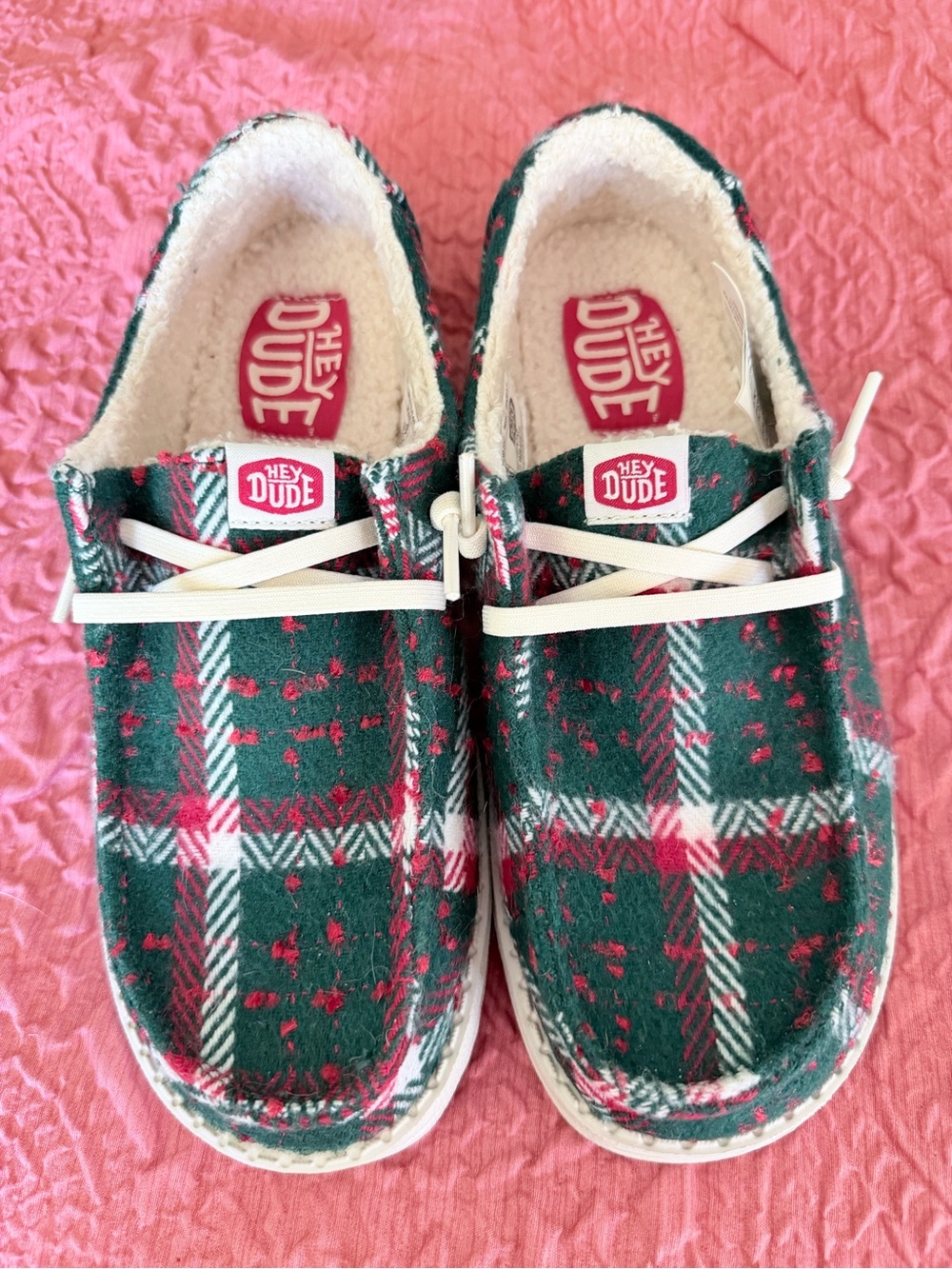 Hey Dude Kids Green and Red Plaid Slip-On Shoes